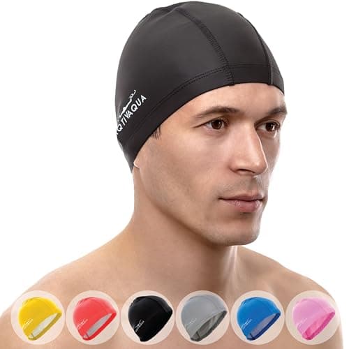 AqtivAqua Swim Cap Swimming Caps for Women Men Adult Kids Girls Boys Youth Hat (Black Color)
