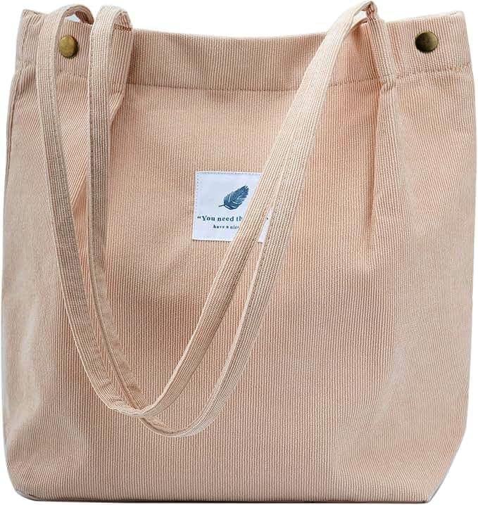 Lyrovo Women Corduroy Shoulder Tote Bag for Work Beach Travel and Shopping Grocery (Brown)