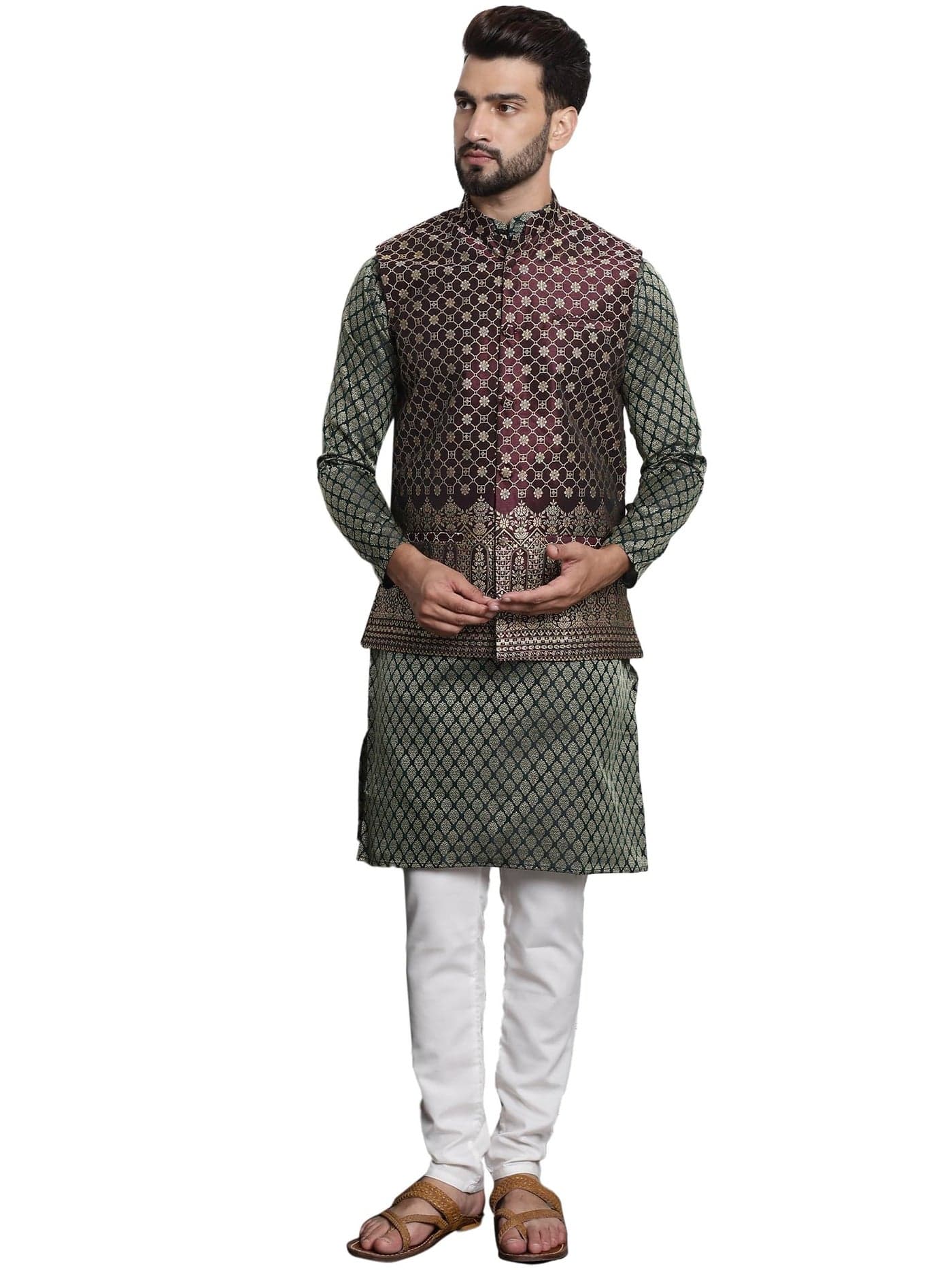 SOJANYA (Since 1958 Men's Jacquard Silk Dark Green Kurta and Cream Pyjama With Wine Nehrujacket