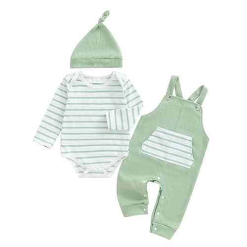 Bonangber Newborn Baby Boy Fall Winter Clothes Striped Long Sleeve Romper Overall Pants Hat 3Pcs Set Cute Coming Home Outfit(B-green,0-3 Months)