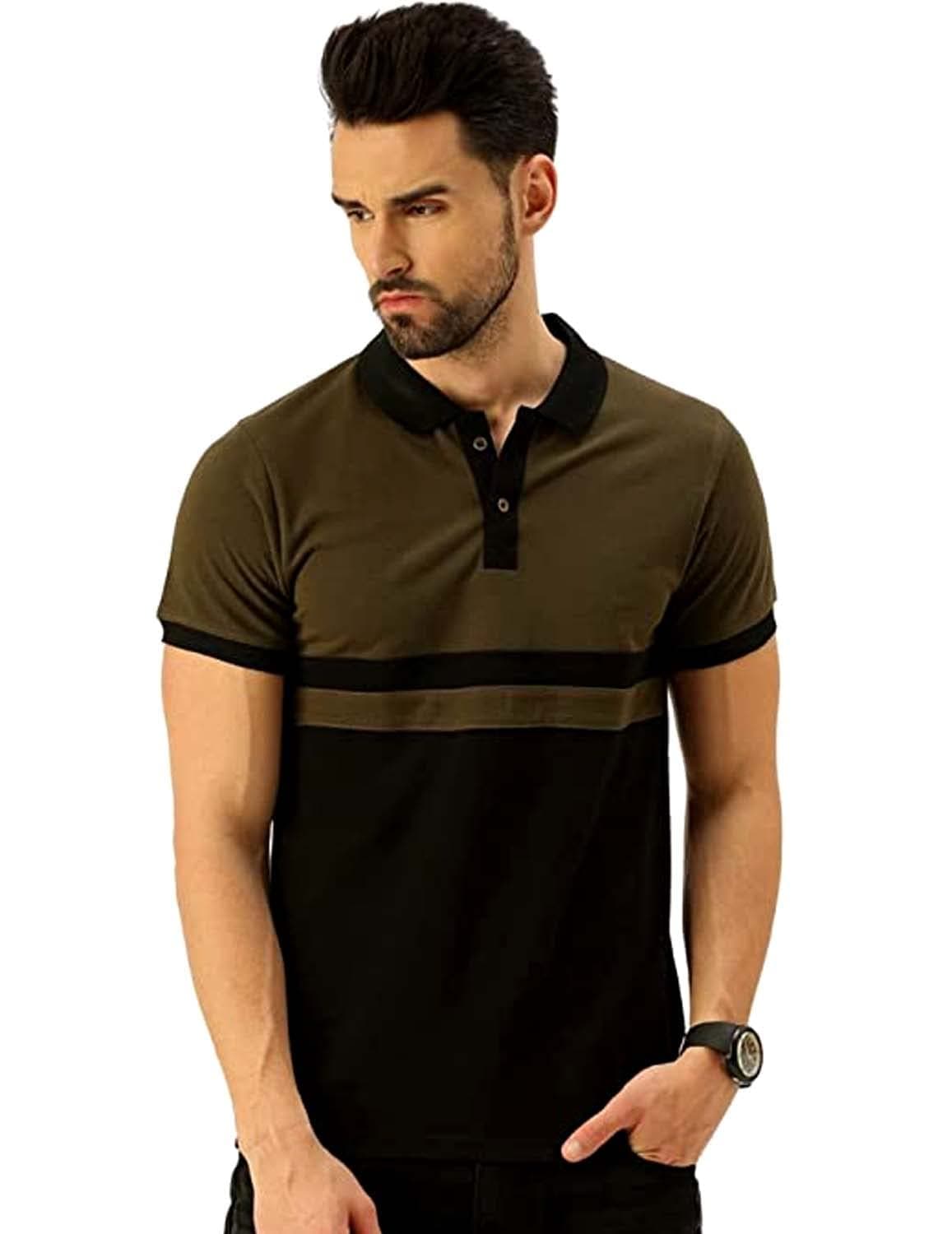 Veirdo® 100% Cotton Half Sleeves Regular Fit Black & Olive Colorblock Polo T-Shirt for Men (P-22_BLK_Olive)