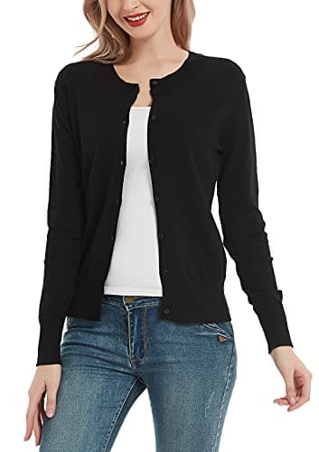Huuloo Women's Crew Neck Button Down Long Sleeve Cardigan Sweater Black