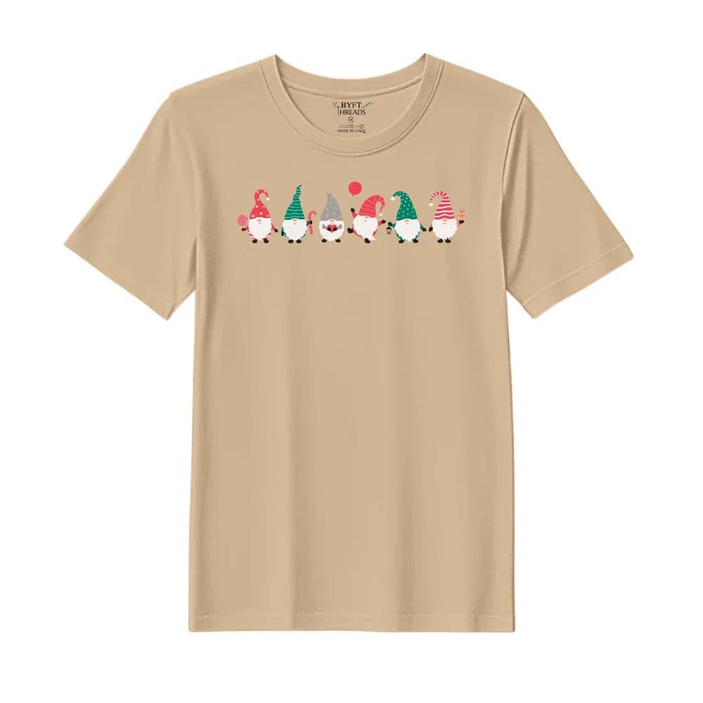 BYFT Threads Large Beige Polycotton T-Shirt - Christmas "ELF" Printed Design, Premium Holiday Collection