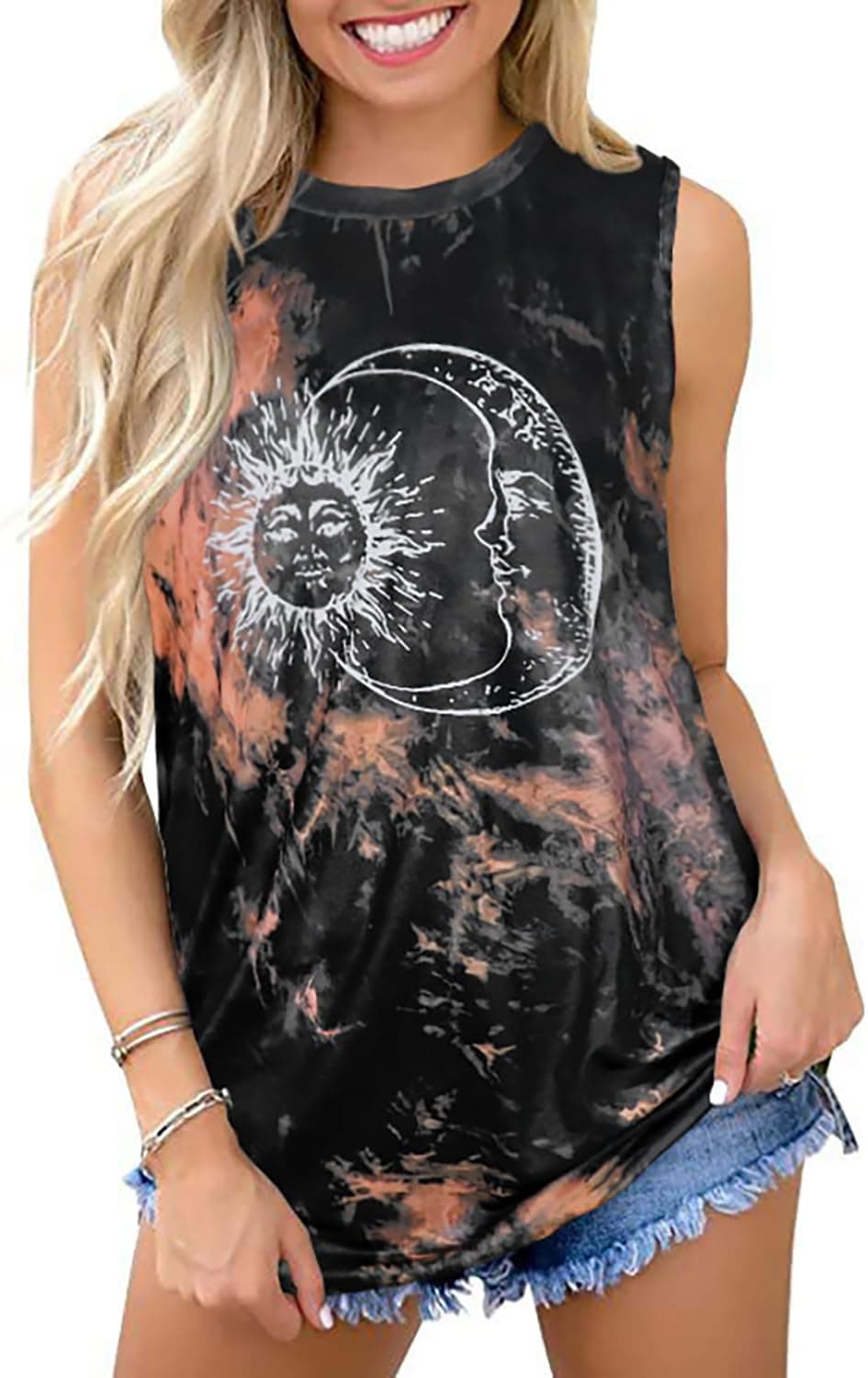 Sleeveless Tops for Women Tanks Summer Casual Loose Tunic Blouses(Sun Moon Tie Dye, XL)