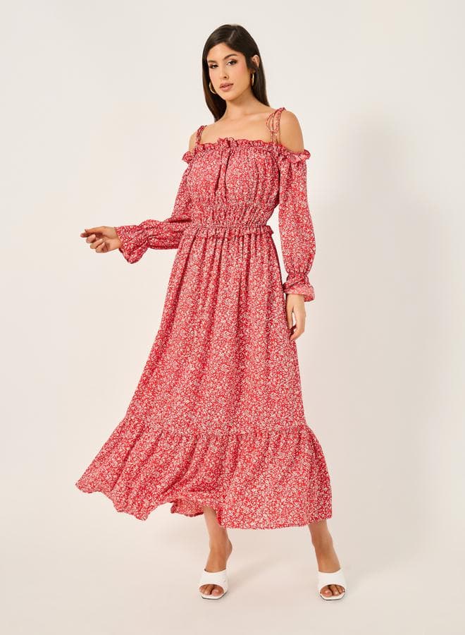Styli Ditsy Print Off Shoulder A-Line Midi Dress
