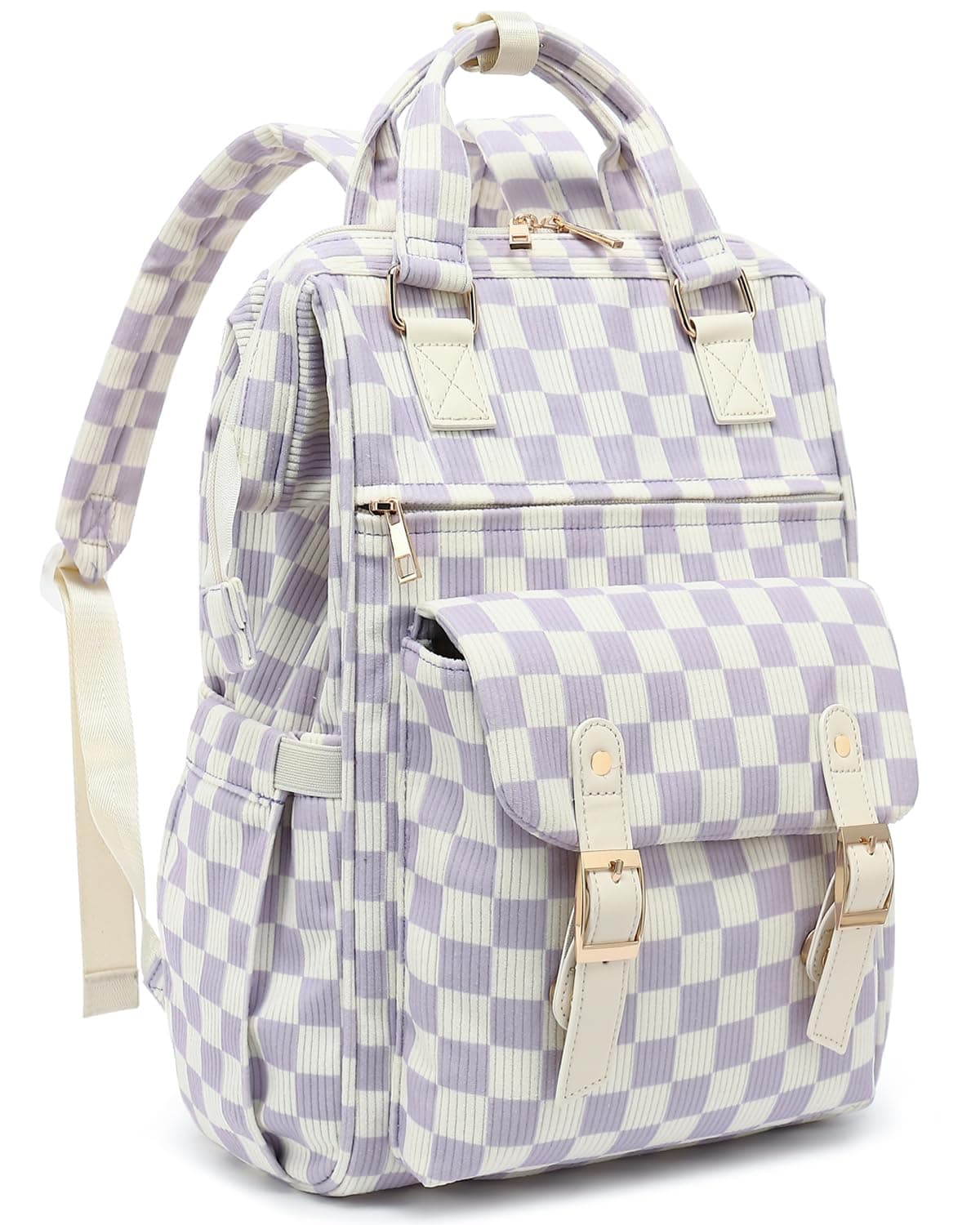 Lrenagao Laptop Backpacks for Women, Corduroy High School College Bookbag 15.6 Inch Laptop Bags for Girls Travel Daypack - Checkered Purple