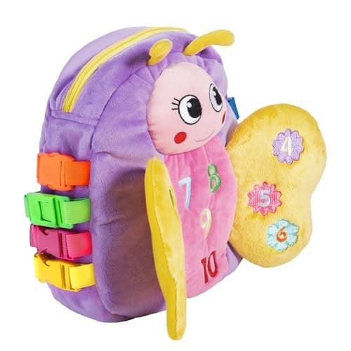 Buckle Toys Blossom Butterfly Toddler Backpack with Buckles and Toddler Learning Activities and Sensory Toys for Toddlers 1-3, Travel Essentials & Road Trip Activities for Fine Motor Skill Development