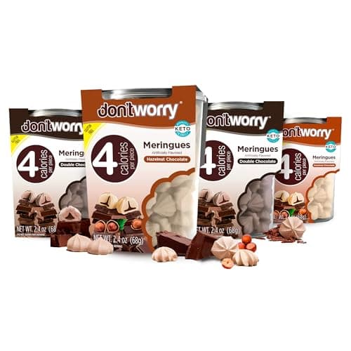 Don't Worry Low Calorie Meringue Cookies - 4 Pack - Hazelnut & Chocolate | Chocolate Filled Center | Only 4 Calories per Piece, Low Sugar, Gluten Free, Keto Friendly and Healthy Snacks for Adults