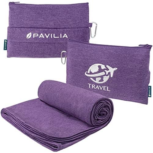 PAVILIA Travel Blanket Compact, Airplane Packable Bag, Soft Fleece Portable Throw Pillow Combo Set, Plane Flight Car Trips Essentials Gift Accessories, Luggage Backpack Clip, Purple, 65 x 40 Inch