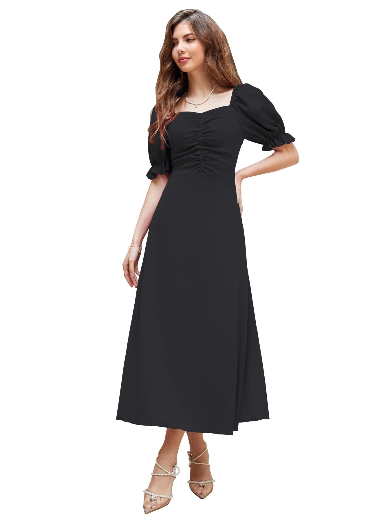 Shasmi Girl's & Women's Solid Black A-Line Ruched Puff Sleeve Maxi Long Evening One Piece Long Dress for Women Stylish (Dress 131 Black-S)