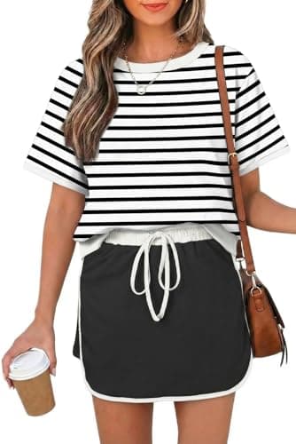 Opemiby Fashion Summer Two Piece Set Crewneck Tshirt and Short Sets Minimalist Design No Pockets Cruise Outfit for Going Out Polished Brunch Coffee Beach Vacation Travel Airport Stripes3 Black M