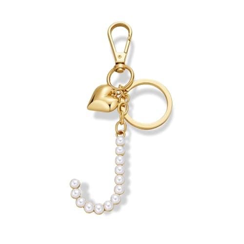 FAUTHENTICUTE Initial Letter J Keychains For Women Gold Keyrings With Gold Heart And Pearl Alphabet Cute Bag Charms For Handbag Purse Accessories Gift