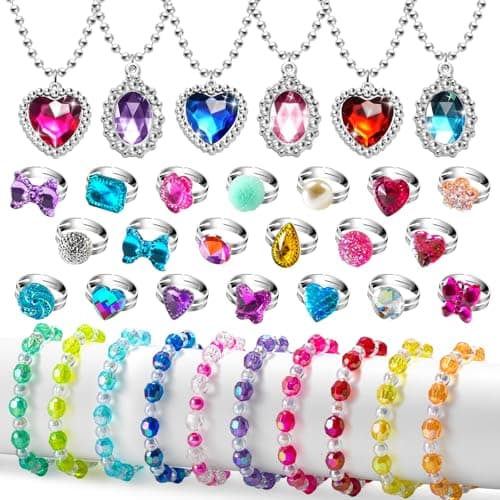 36pcs Princess Play Jewelry Set for Little Girls Ages 46 Kids Costume Dress Up Jewelry Necklace Bracelet Rings for Toddlers Childrens Princess Birthday Party Favors Gift 3 4 5 6 7 8 Year Old Girl
