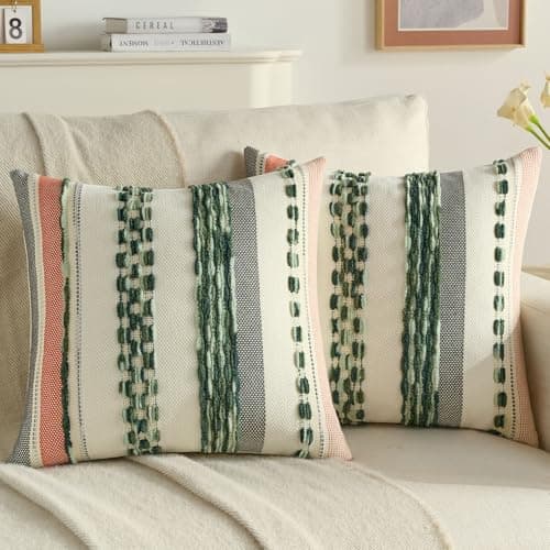 FUTEI Pack of 2 Boho Chenille Decorative Throw Pillow Covers 20x20 Inch Soft Tufted Striped Textured Cushion Case,Farmhouse Accent for Couch Bed Living Room, Dark Light Green
