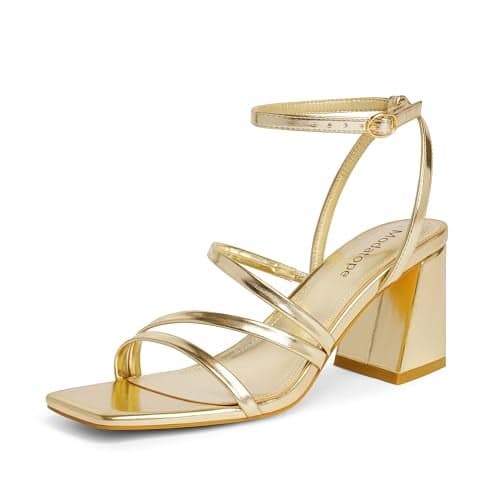 Modatope Women Metallic Strappy Heels Gold Block Heel Ankle Strap Sandals for Women Open Square Toe Chunky Heels Size 8