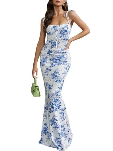 KUTUMAI Women's Summer Floral Bodycon Maxi Dress Spaghetti Strap Sleeveless Boho Long Dresses BFloral S