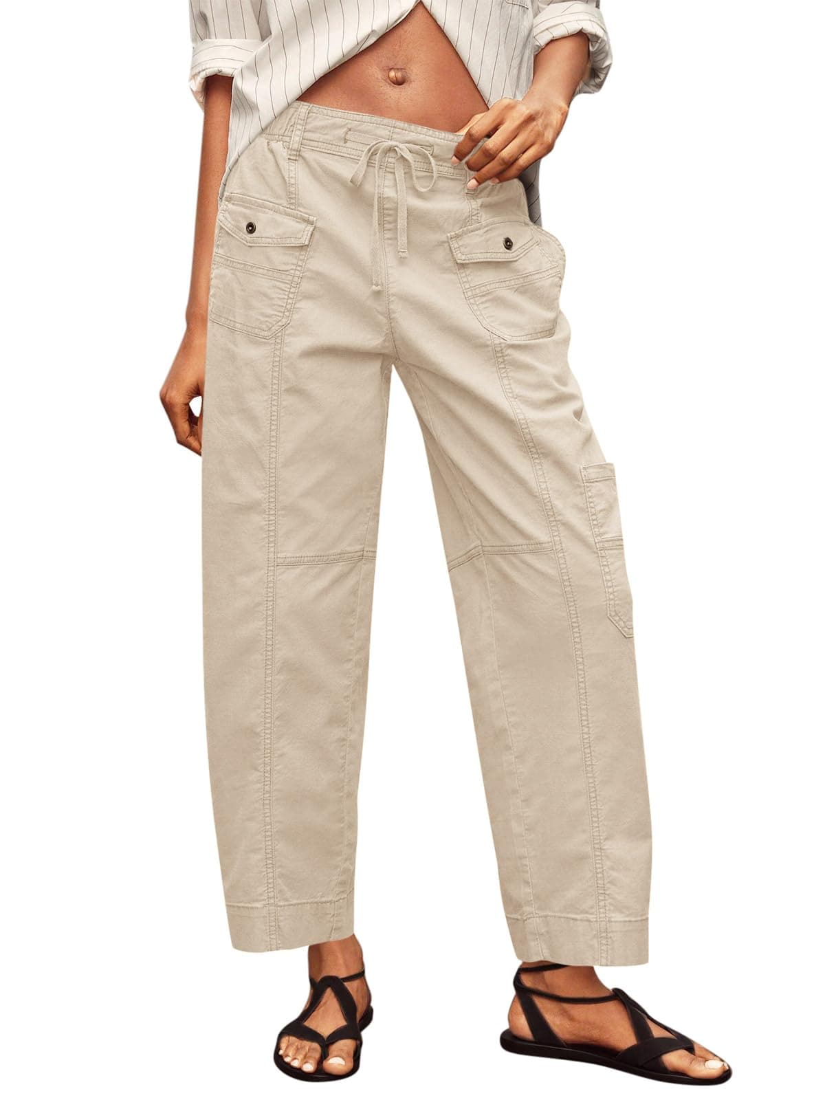Fisoew Womens 100% Cotton Cargo Pants Drawstring Elastic Waist Casual Hiking Work Pants with Multiple Pockets Light Khaki