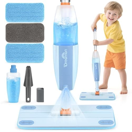 Dreamon Kids Spray Mop Real Working Toddler Cleaning Set with Water Sprayer 3 Washable Mop Pads Scraper Pretend Play Montessori Housekeeping Toys Gifts for Toddlers Kids Girls BoysBlue