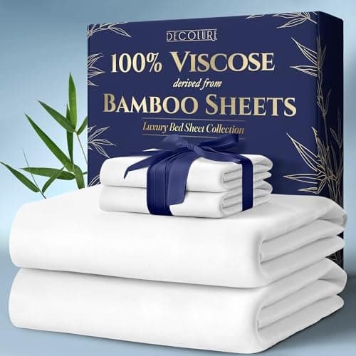 DECOLURE 100% Viscose Derived from Bamboo Sheets Queen Size 4pcs - Ultra Soft & Luxuriously Cooling, 17" Deep Pocket, Double Stitching, Perfect for Hot Sleepers - Queen Bed Sheets (White)
