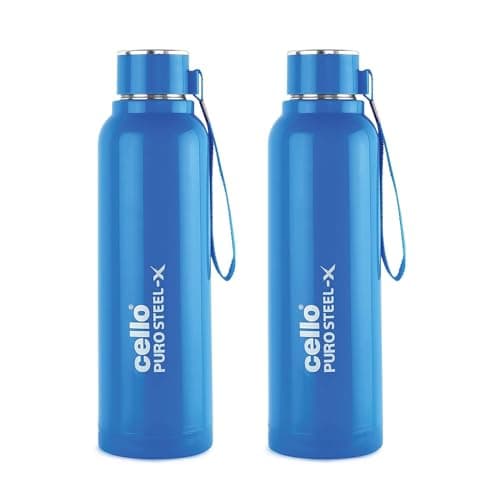 CELLO Puro Steel-X Benz 900 PU Insulated Water Bottle Set of 2, 900 ml Each, Blue | BPA Free, Leakproof, ISI Certified |Hot & Cold Bottle for Gym, Office, College, Travel, Camping, Sports & Yoga