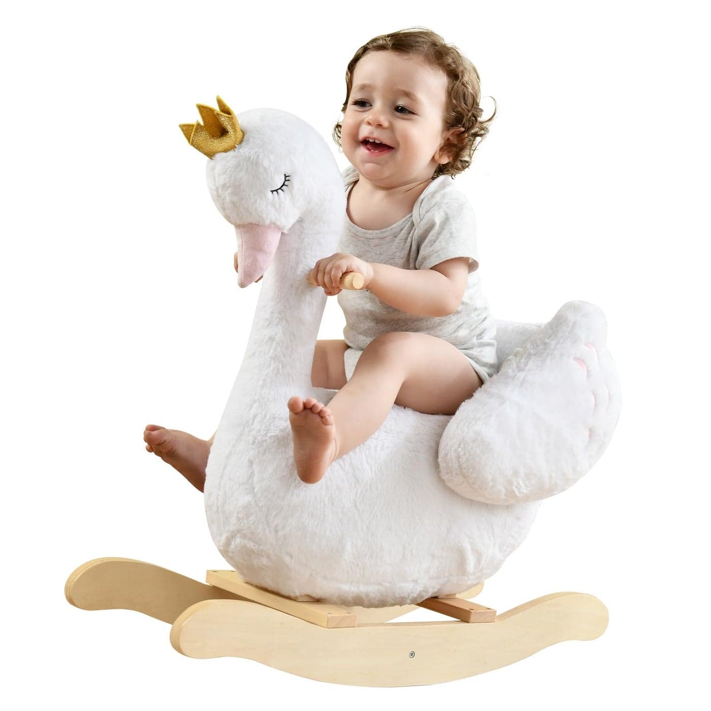 labebe Kids Rocking Horse White Swan Stuffed Animal Wooden Rocker for Children 6 Months Boys and GirlsNursery Christmas Birthday Gift Rocking Swan