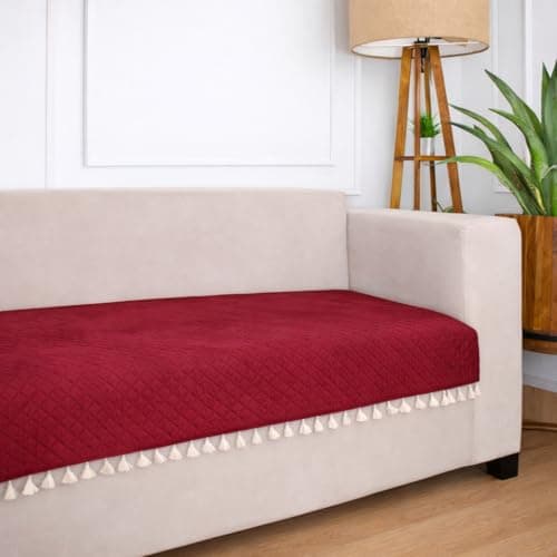 STITCHNEST 4 Seater Quilted Velvet Sofa Cover with Tassels | Elegant Maroon Sofa Protector for Living Room | Soft, Washable | Perfect for Enhancing Living Room Interiors