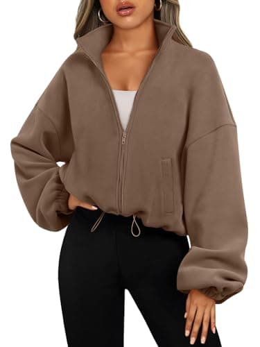 AUTOMET Womens Fleece Jackets Zip Up Oversized Sweatshirts Winter Clothes Long Sleeve Crop Sherpa Fall Outfits Fashion Coffee S