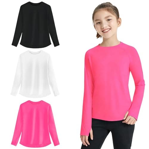 EXARUS 3 Pack Girls Long Sleeve Athletic Shirts Summer Sport Quick Dry Rash Guard Tops UPF 50 Performance Tees with Thumb Holes for Teens Set 3 8Y