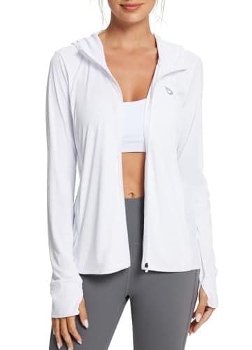 baleaf Women's SPF Jacket Sun Shirt UV Protection Hoodie Zip Up Long Sleeve Hooded Summer Clothing Running Hiking White M