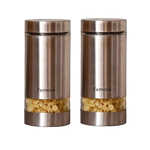 Femora Metallic See Through Window Jars |1300 ML | Set Of 2 | 1 Year Warranty | Dishwasher Safe and Airtight | Jars for Snacks, Fry Food, Masala, Spice, Pickles, Cookies | Silver