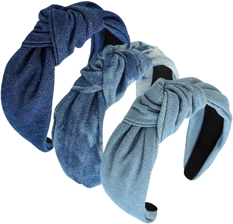 GSHLLO 3 Pcs 6cm Wide Denim Headbands Cloth Top Knot Headbands Fashion Cross Knot Hairbands Vintage Knotted Hair Bands Elastic Twist Headbands Non Slip Hair Bands