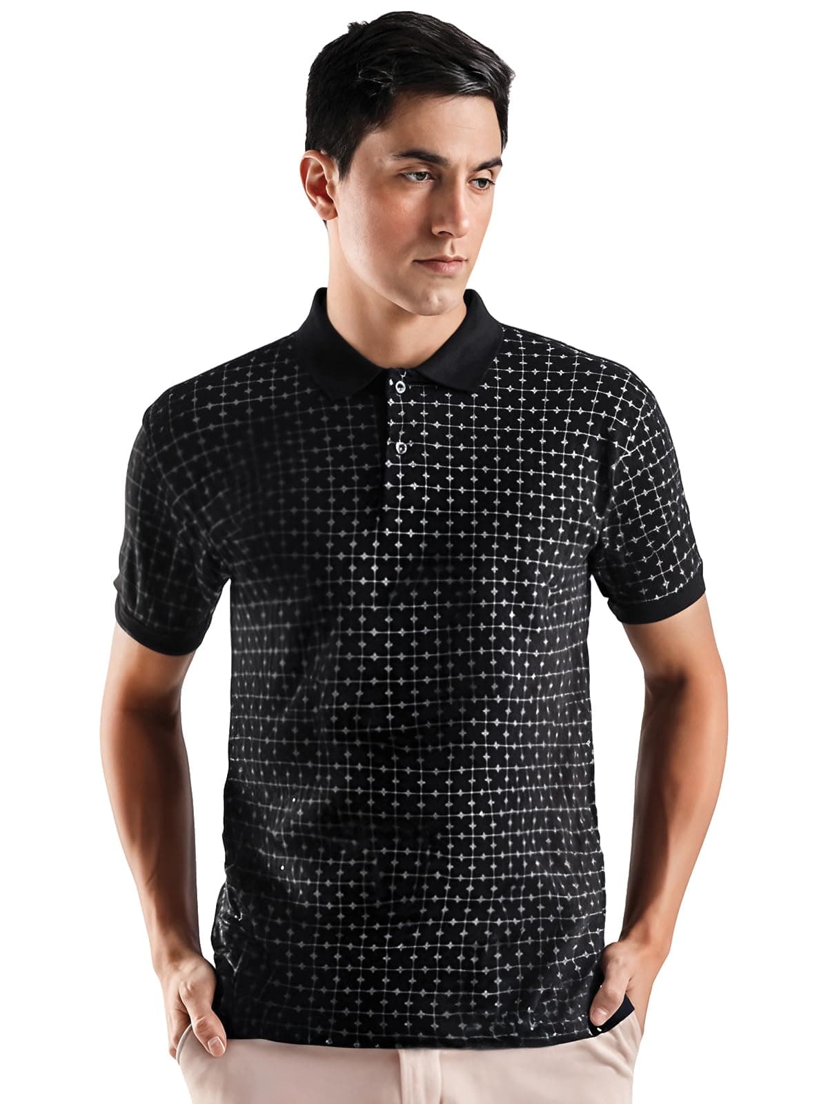 ADRO Polo T-Shirt for Men – 100% Cotton Soft Fabric | Regular Fit Polo Tshirt | All Over Printed Cotton Polo T Shirt for Men | PNOP25-L1-FLOWER-BL-2XL Black