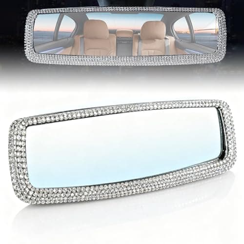 AMZAUTO Bling Rhinestone Rearview Mirror, Car Interior Clip-on Rear View Accessories Decorations Panoramic Rear View Mirror with Bling Rhinestones Crystal Diamonds Edge for SUV, Truck
