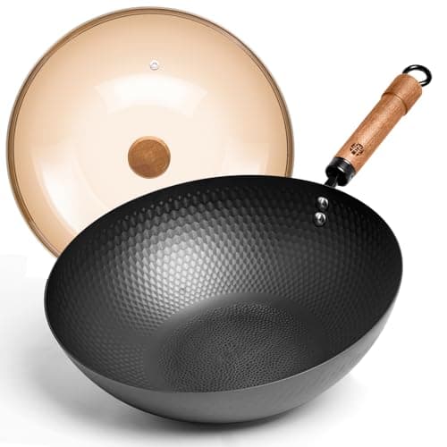 WANGYUANJI Carbon Steel Wok Pan with Lid, 12.6" Hammered Stir Fry Pan, Thickened Heavy Duty Flat Bottom Wok for Electric, Induction & Gas Stoves, Detachable Wood Handle, No Chemical Coating (Black)