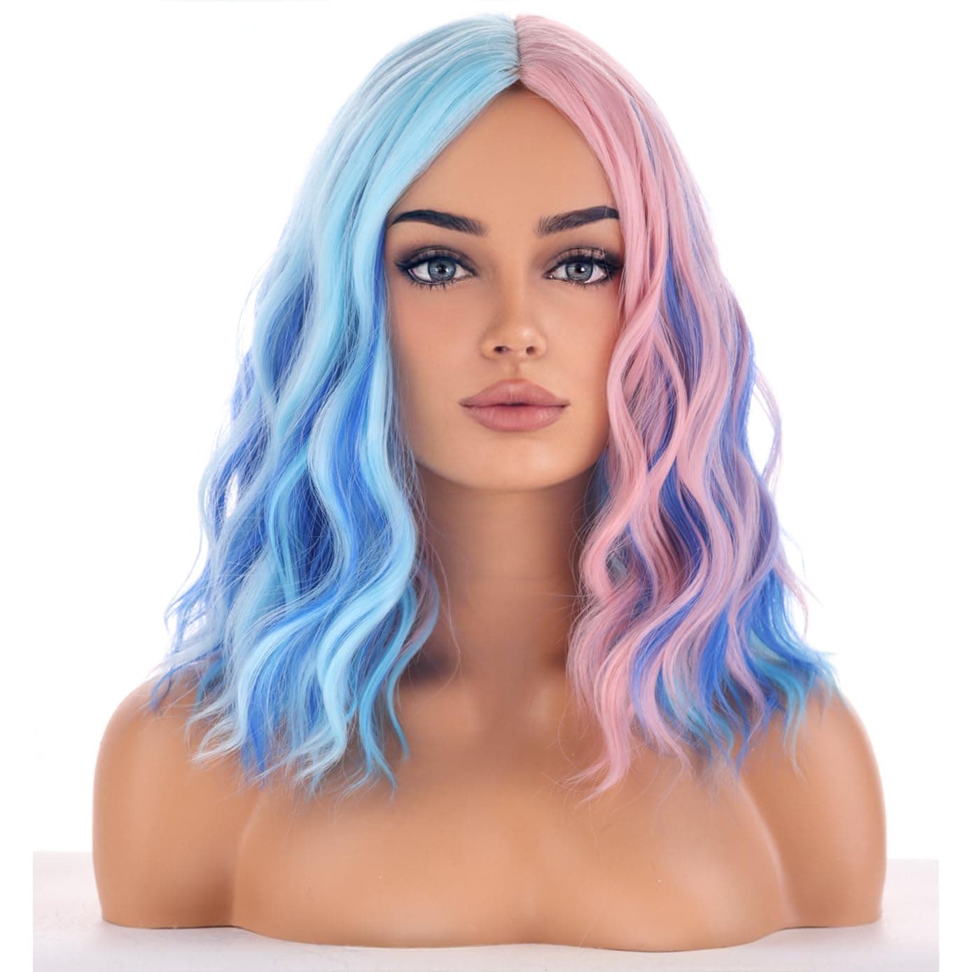 BERON Blue and Pink Wigs for Women Short Curly Bob Wavy Wig Girls Colorful Body Heat Resistant Synthetic Hair Wig Cosplay Daily Party Wigs