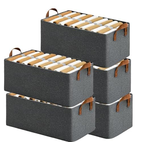 RENVA 5Pcs Collapsible Fabric Storage Cubes Organizer With Handles Foldable Storage Baskets For Organizing Toys,Books,Shelves,Closet,Large Storage Box With Handles(Tropical,5),47 X 28 X 20 Cm,Grey