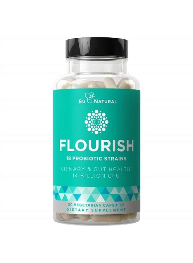 Flourish Probiotics + Prebiotics for Women – Gut & Digestion, Urinary Tract, Reduce Bloating, Vaginal Health – 18 Clinically Proven Strains, 14 Billion CFU – 30 Shelf-Stable Mini Vegetarian Capsules