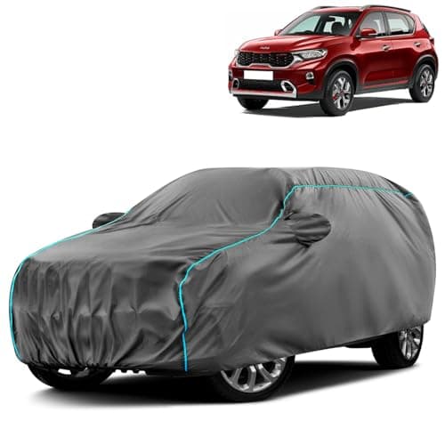 VOICO Water-Resistant Dustproof Car Cover for Kia Sonet - Mirror Pocket, UV Protection, Scratch Guard, Buckle Belt, Front & Back Bottom Elastic with Aqua Blue Piping - Grey
