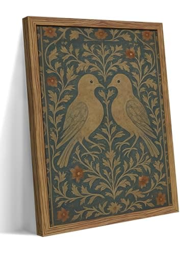 Framed Lovebirds Canvas Wall Art, Vintage Botanical Blue Rustic Wall Decor, Farmhouse Birds Botanical Pictures Prints, Nature Painting Artwork Aesthetic for Living Room Bedroom – 12x16 inch