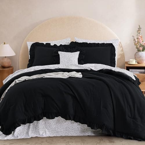 BLOOMHAVEN Queen Comforter Set - 7 Pieces Ruffle Black Bedding Sets, Shabby Chic Farmhouse Bed in a Bag Queen with Ruffle Comforter, Floral Sheets, Pillowcases & Shams