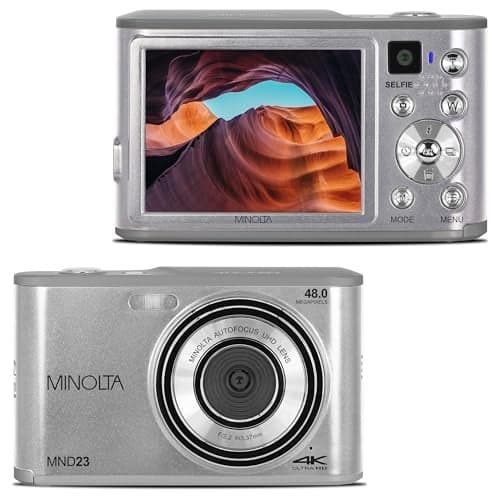 Minolta 48MP Digital Camera with Rear Selfie Lens – 4K Ultra HD Video, 2.8" LCD Screen, 16X Digital Zoom, Autofocus, Slow Motion, Time Lapse, Filters, Scene Modes, 32GB Card Included (Silver)
