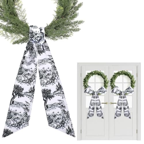 Black Wreath Sash for Front Door - 2 Pcs Dark French Toile Sashes for Wreaths Home Decor, Rustic Wreath Sash for Embroidery Monogram Farmhouse Yard