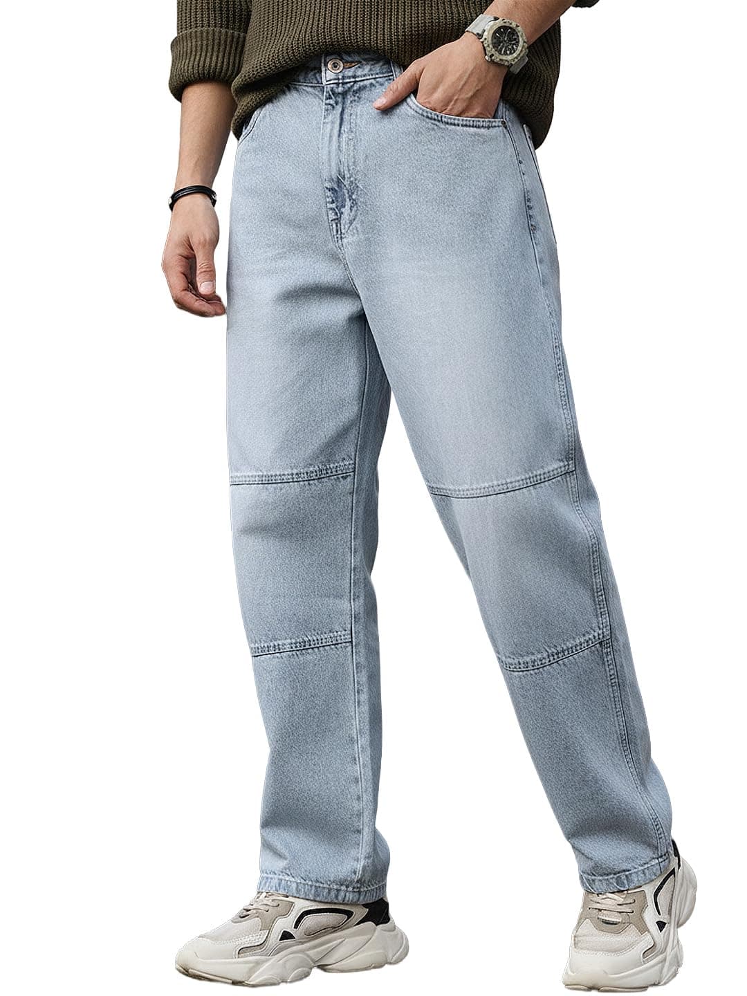 Urbano Fashion Men's Ice Grey Loose Baggy Fit Cut and Sew Panelled Jeans Non-Stretchable (jeanlosblcns-icegrey-34)