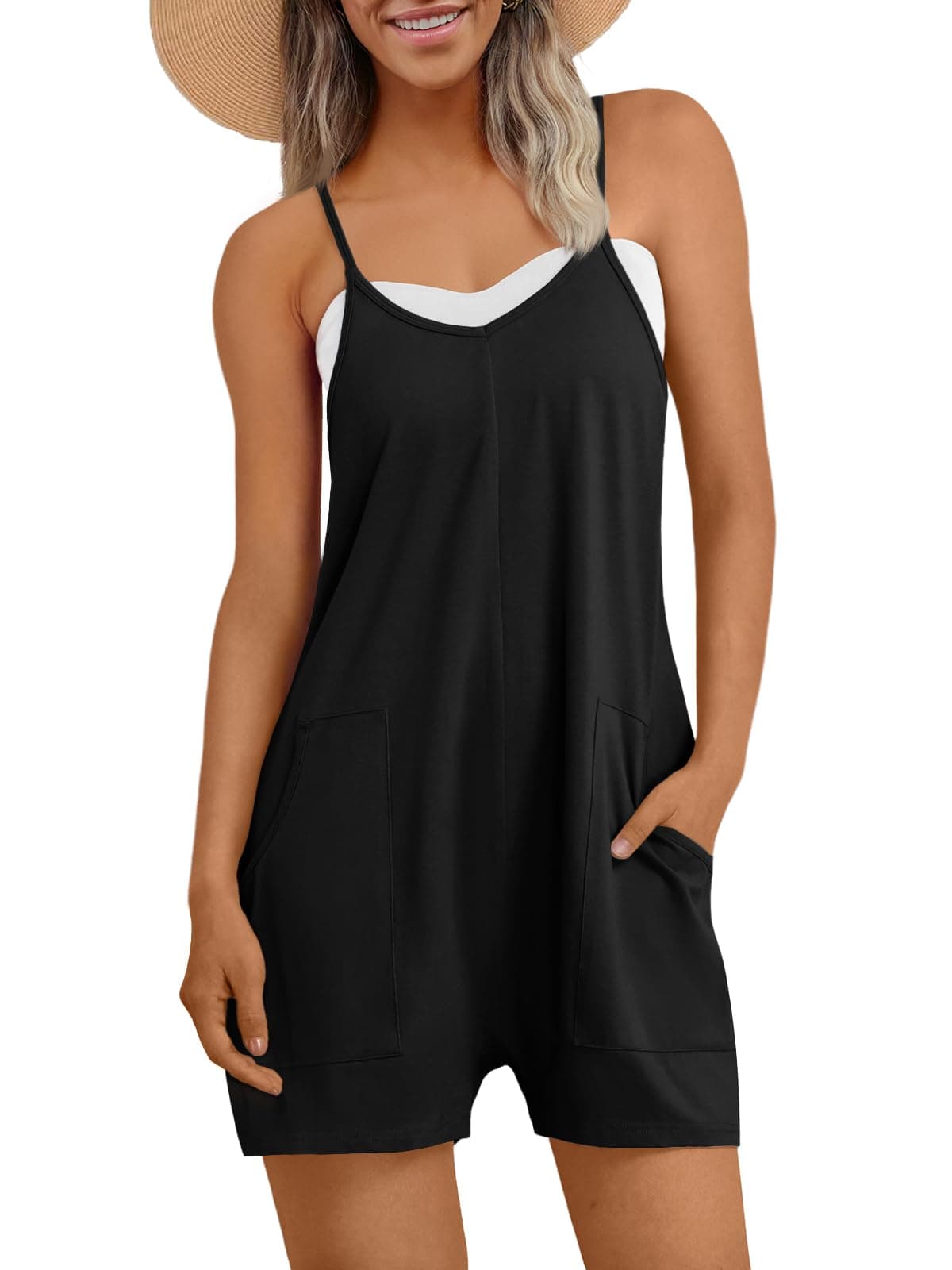 AUTOMET Womens Rompers Jumpsuits Summer Vacation Beach Outfits 2025 Shorts Overalls Jumpers Loose Casual Soft Fashion Maternity Clothes Black S