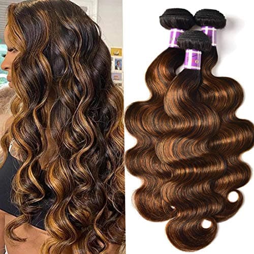 UNice Brown Highlight Body Wave Human Hair Weave 3 Bundles 16 16 16 inch Brazilian Remy Hair Ombre Blonde Human Hair Wavy Weaves Sew in Piano Color