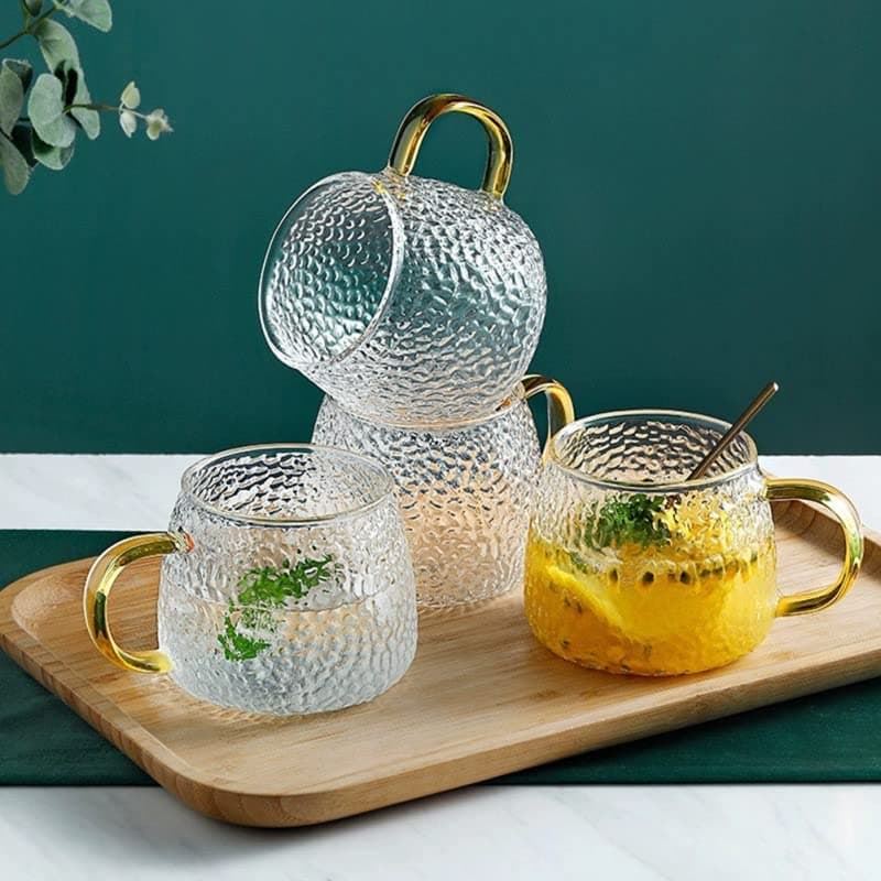 HAKKU Tea and Coffee Cup Glass Mug, 410 ml - 6 Pack Used for Coffee, Green Tea, Lemon Tea Cup with Handle Golden (6, Herbal Teacup)