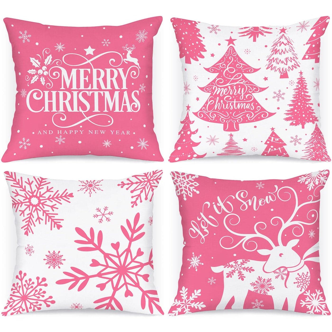 Lanpn White and Pink 45x45 Christmas Pillow Covers Set of 4 Decorative 45 cm Winter Snowflake Throw Pillow Case Xmas Cushion Cover for Indoor House Sofa Pink