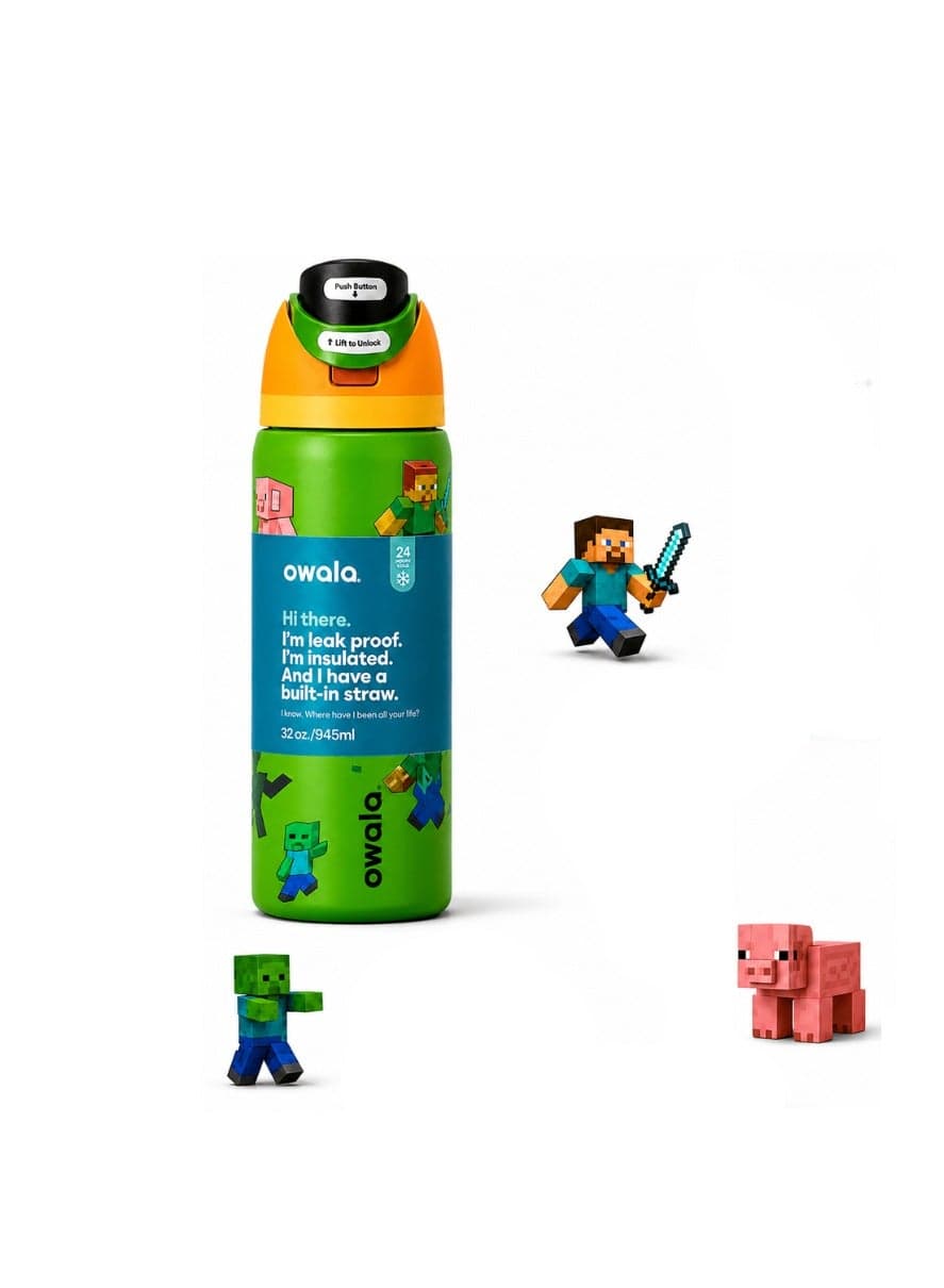 32 OZ. 945 ML OWALA Minecraft FreeSip Insulated Stainless Steel Insulated Sports Water Bottle. Green with Print