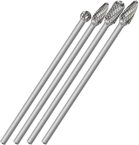 Sworker 4Pcs Long Carbide Burr Set 1/4" Shank Total L 6.1" Die Grinder Bits Rotary Rasp Attachment Cut Port Grind Metal Cast Iron Steel Aluminum Cylinder Head Engine Intake Exhaust Manifold Tight Area