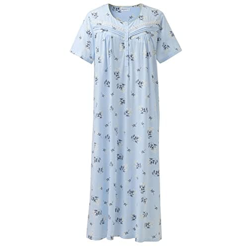 Keyocean Women Cotton Nightgowns, Soft Comfy Lightweight Short Sleeves Elegant Ladies Sleeping Gown, Jasmine Floral on Light Blue, XX-Large (XXL)